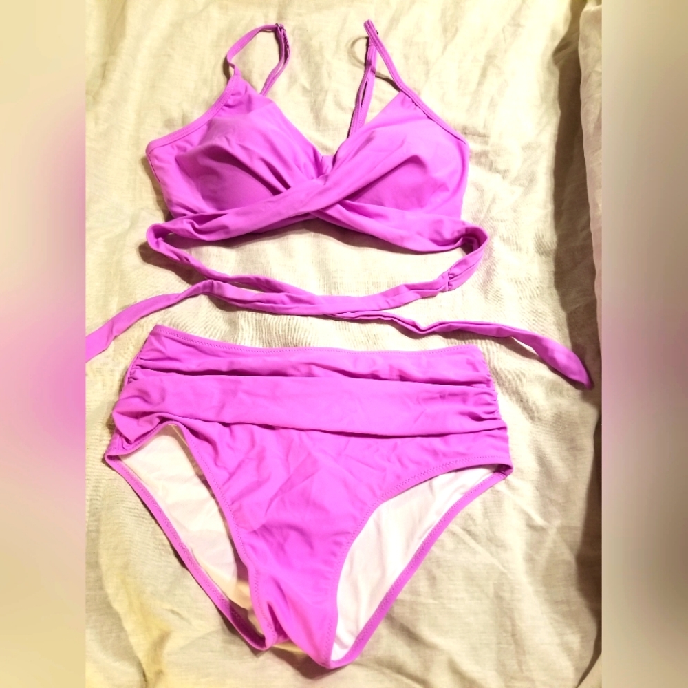 Lavender wrap around high waisted rauched swim size large
